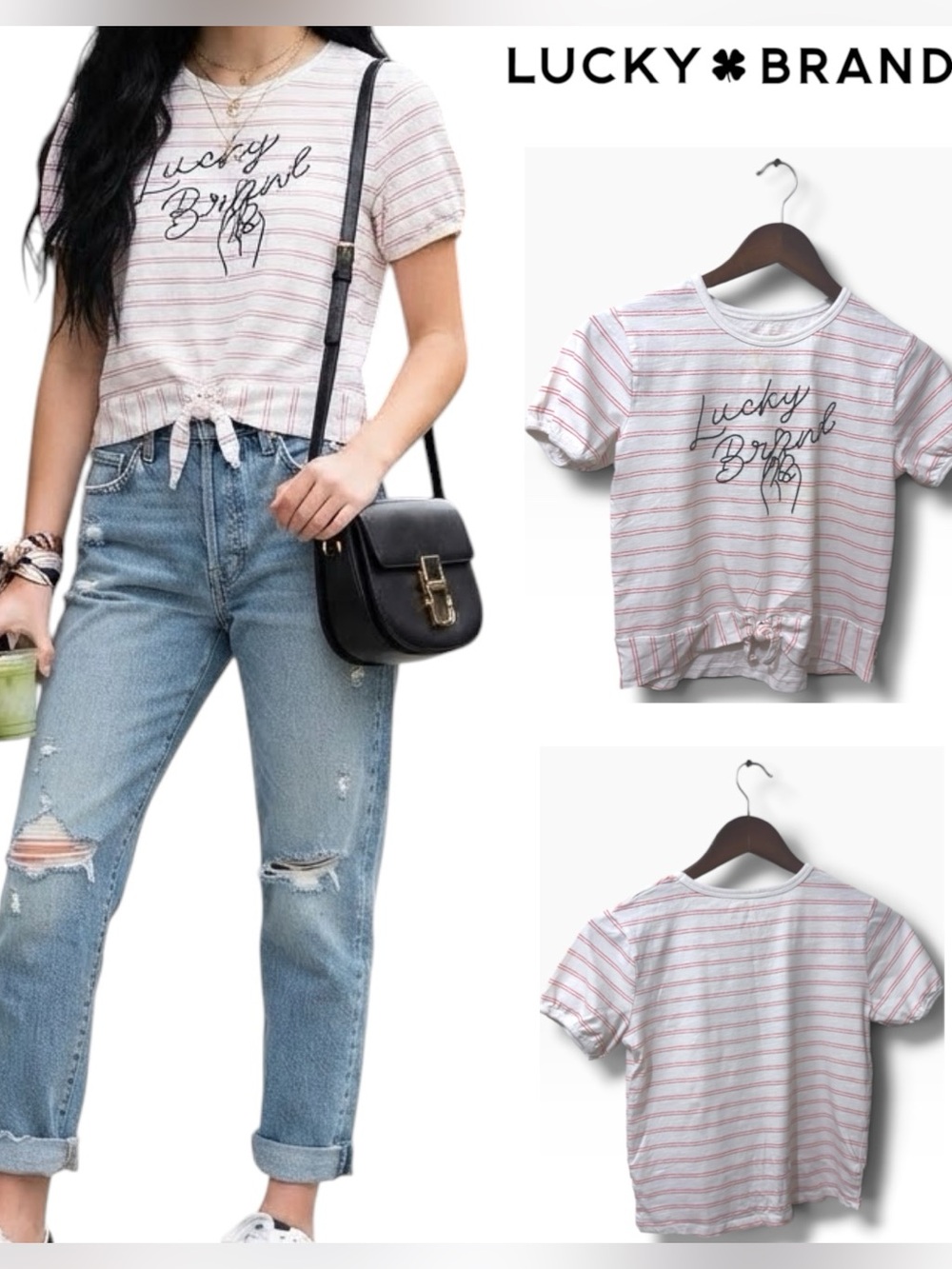 Lucky Brand | EUC Cotton White Red Striped Graphic Tie-Front Tee (Size XL / 16)